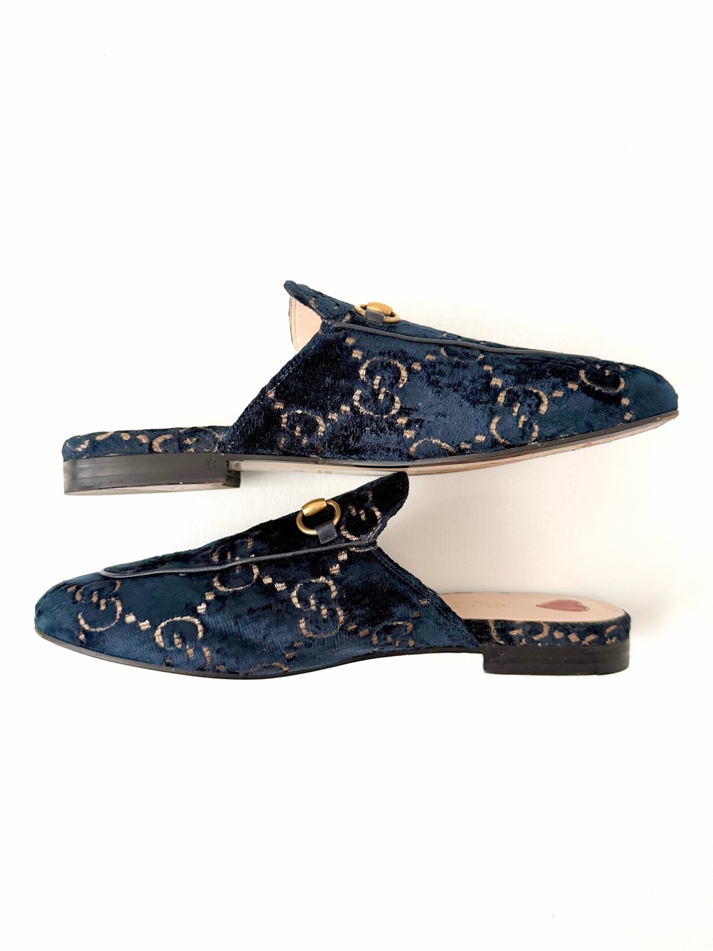 GUCCI | Princetown GG Velvet Horsebit Mules Flats Slippers Navy Blue Gold EU 39 - Picture 9 of 10